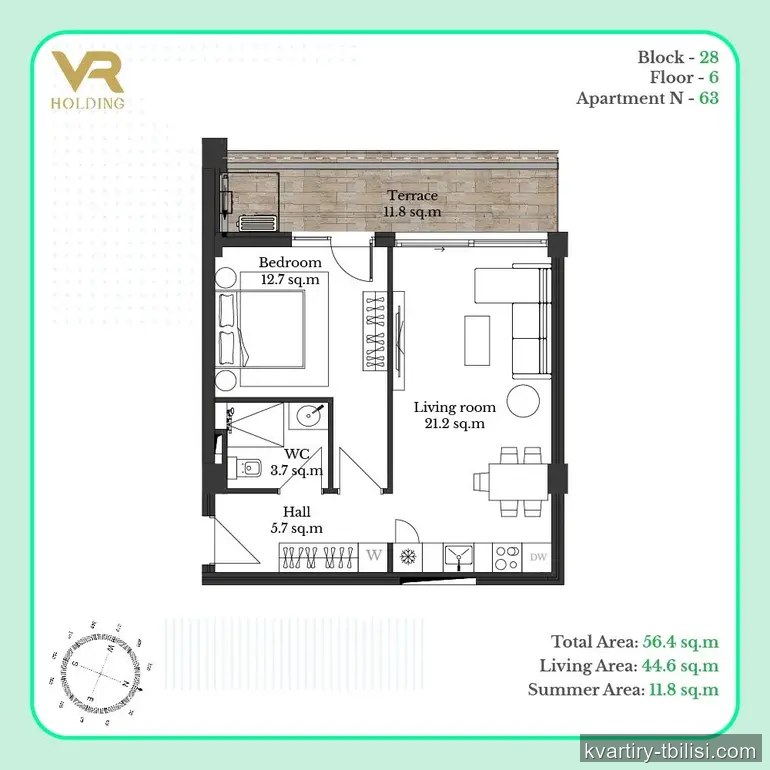 2-bedroom Apartment for sale in Krtsanisi, Tbilisi, 56.4 sqm, floor 6/7 — 163 560 USD | Tbilisi Homes