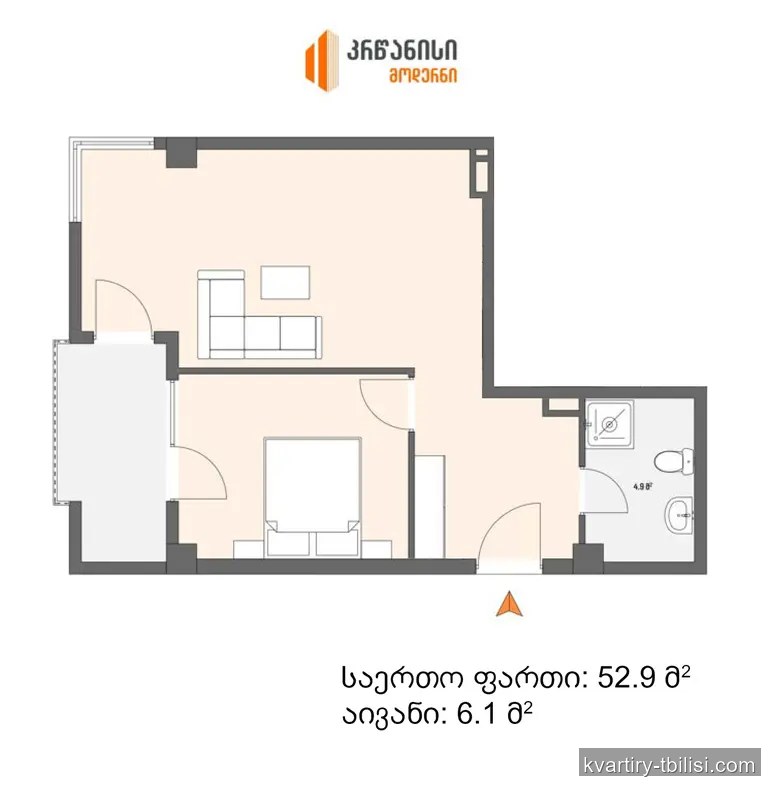 2-bedroom Apartment for sale in Krtsanisi, Tbilisi, 52.9 sqm, floor 7/12 — 93 000 USD | Tbilisi Homes