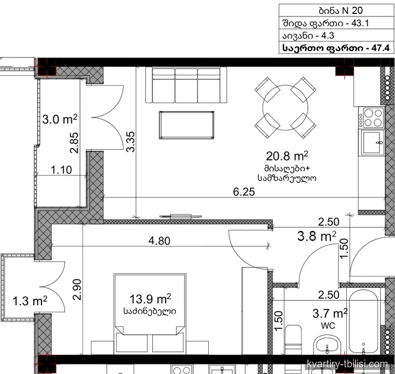 2-bedroom Apartment for sale in Nutsubidze, Tbilisi, 47.4 sqm, floor 3/5 — 94 800 USD | Tbilisi Homes