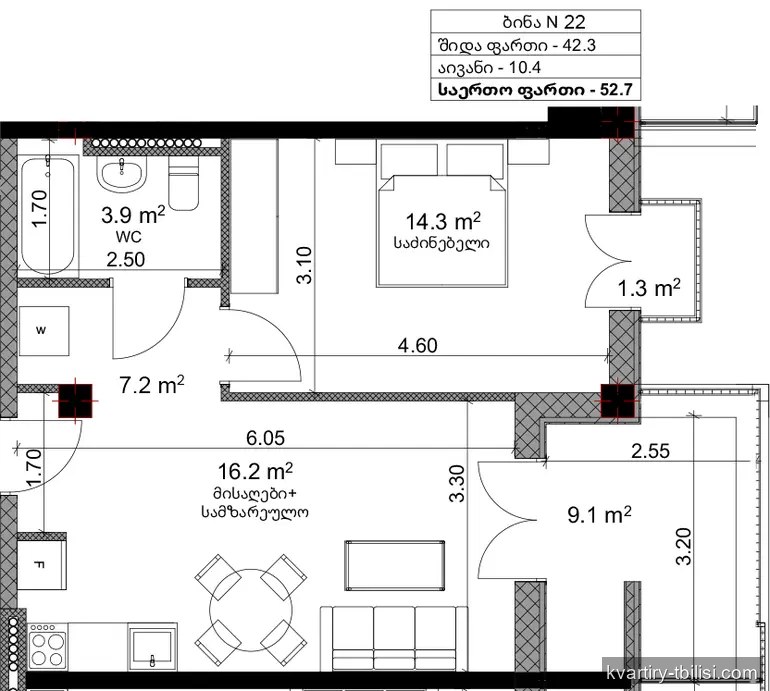 2-bedroom Apartment for sale in Nutsubidze, Tbilisi, 52.7 sqm, floor 3/5 — 121 210 USD | Tbilisi Homes