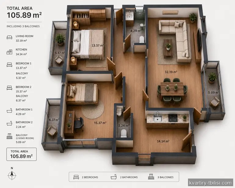 Трёхкомнатная квартира на Сабуртало — 158 835 USD | Tbilisi Homes