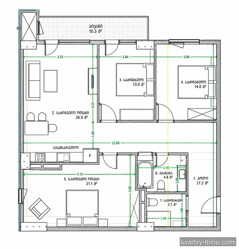 Четырёхкомнатная квартира на Сабуртало — 185 000 USD | Tbilisi Homes